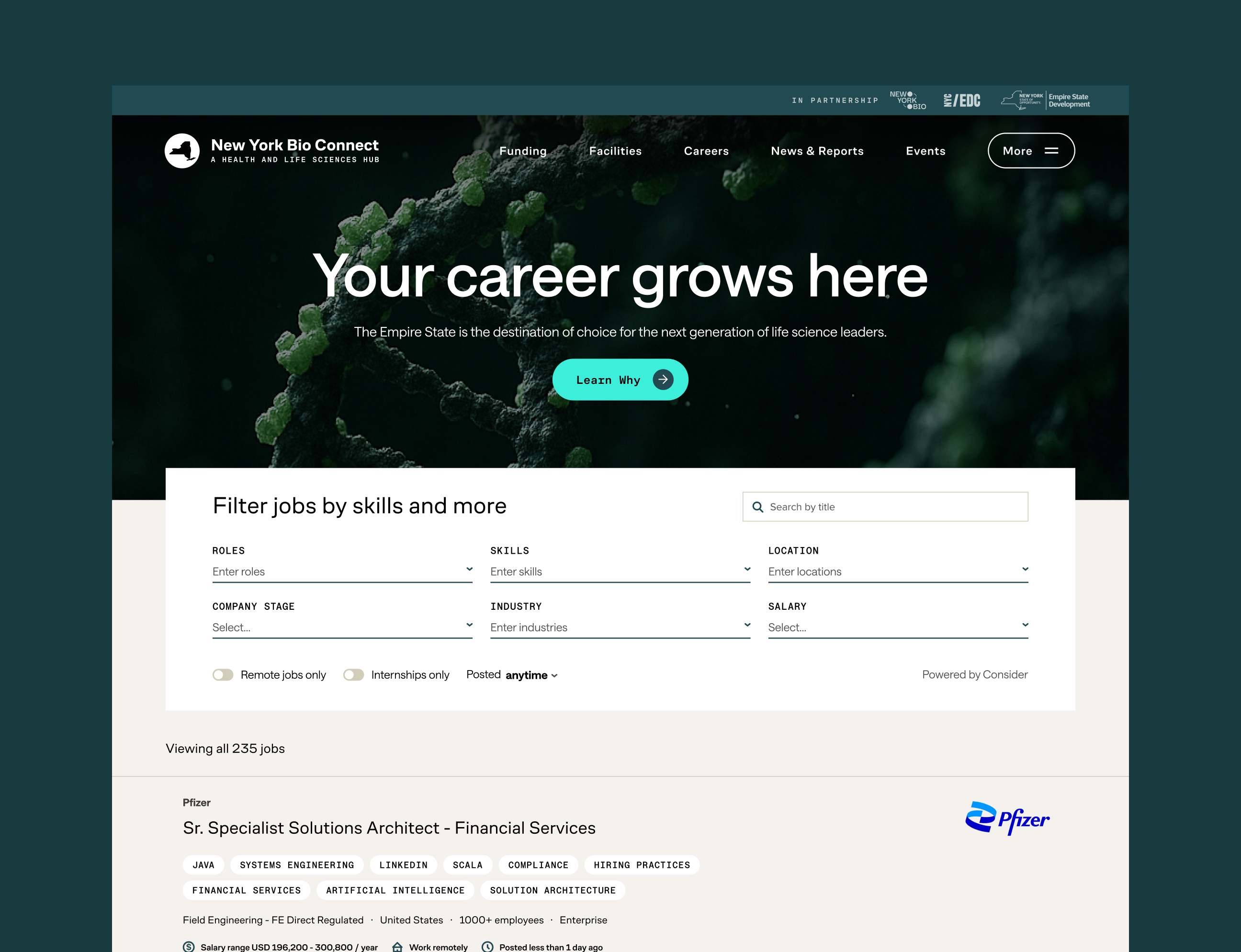 New York Bio Connect job search webpage featuring filters for roles, skills, location, company stage, industry, and salary with a highlighted job listing for a Senior Specialist Solutions Architect at Pfizer.