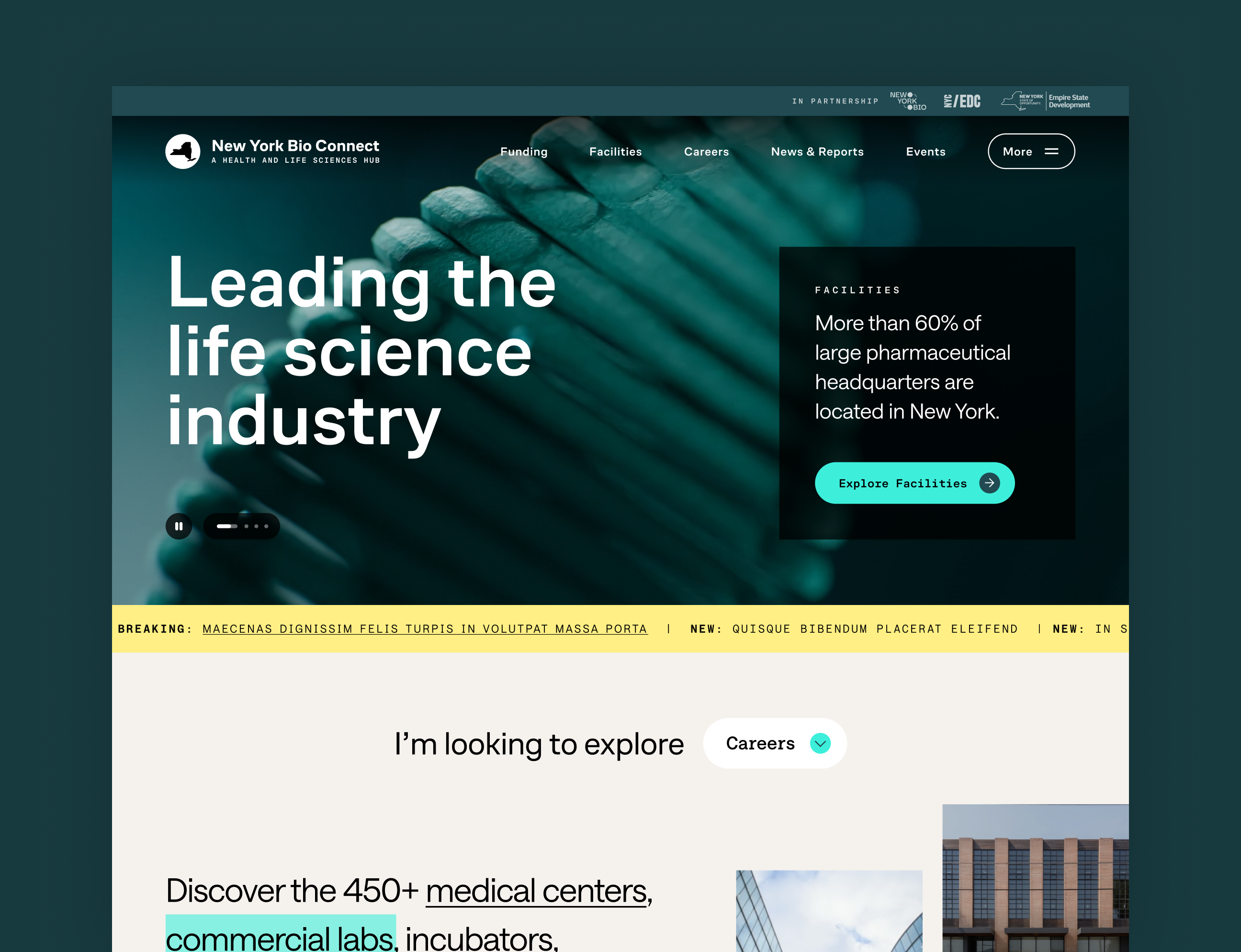 New York Bio Connect website homepage with headline 'Leading the life science industry' and info about pharmaceutical headquarters in New York.