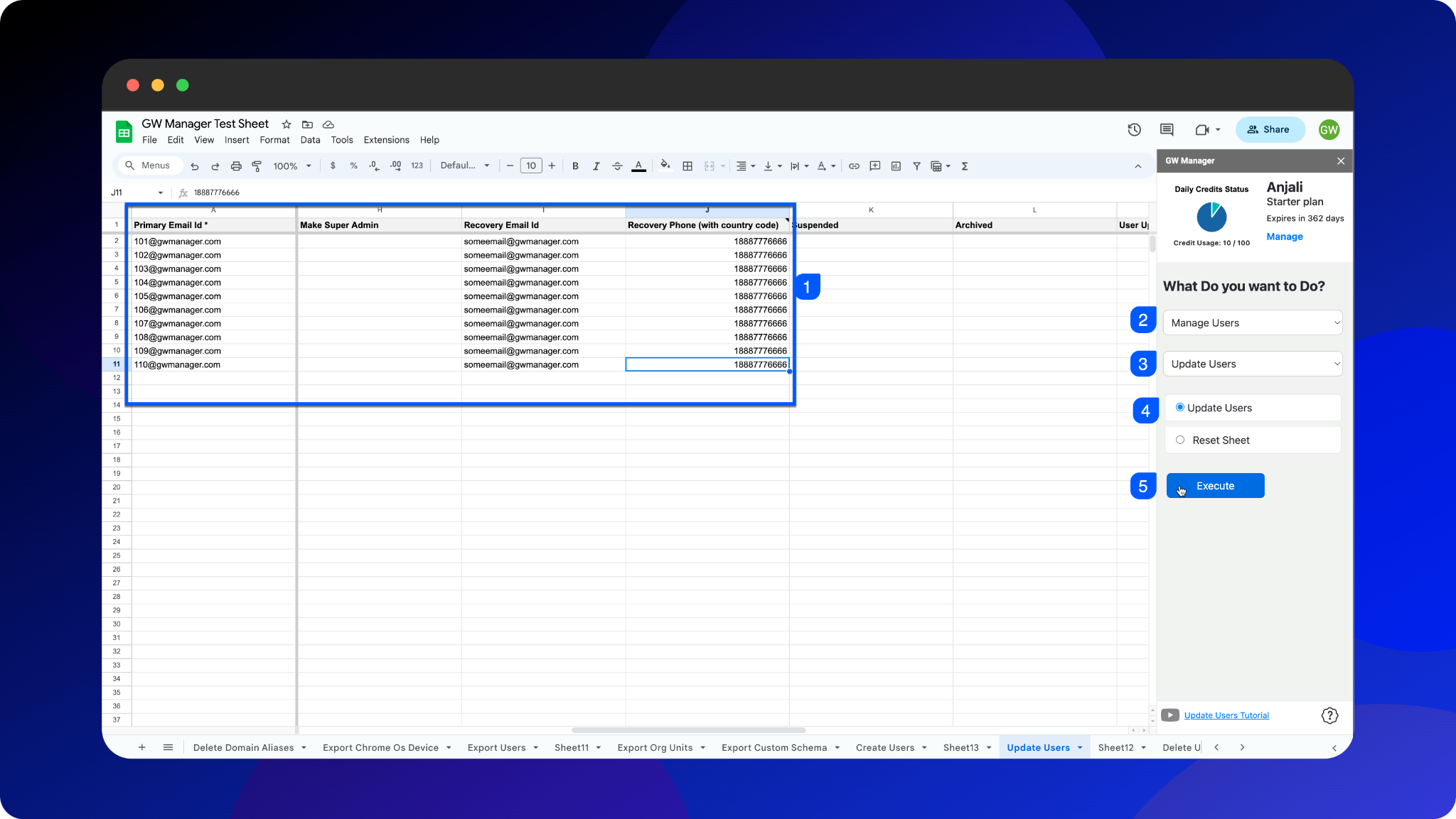 Clicking "Execute" in GW Manager to start the bulk update process for users' recovery information.