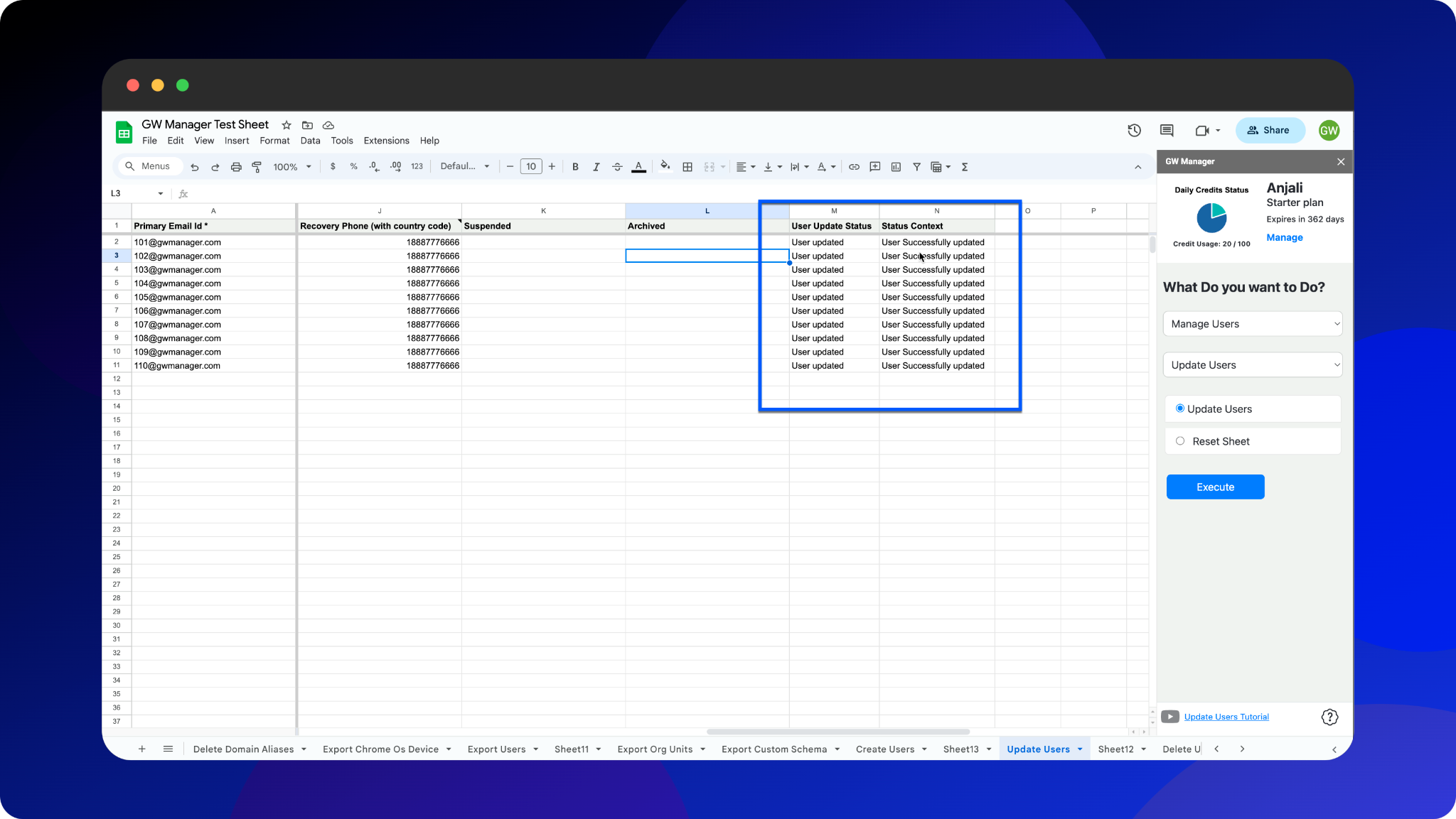 GW Manager screen confirming the successful update of user recovery information.