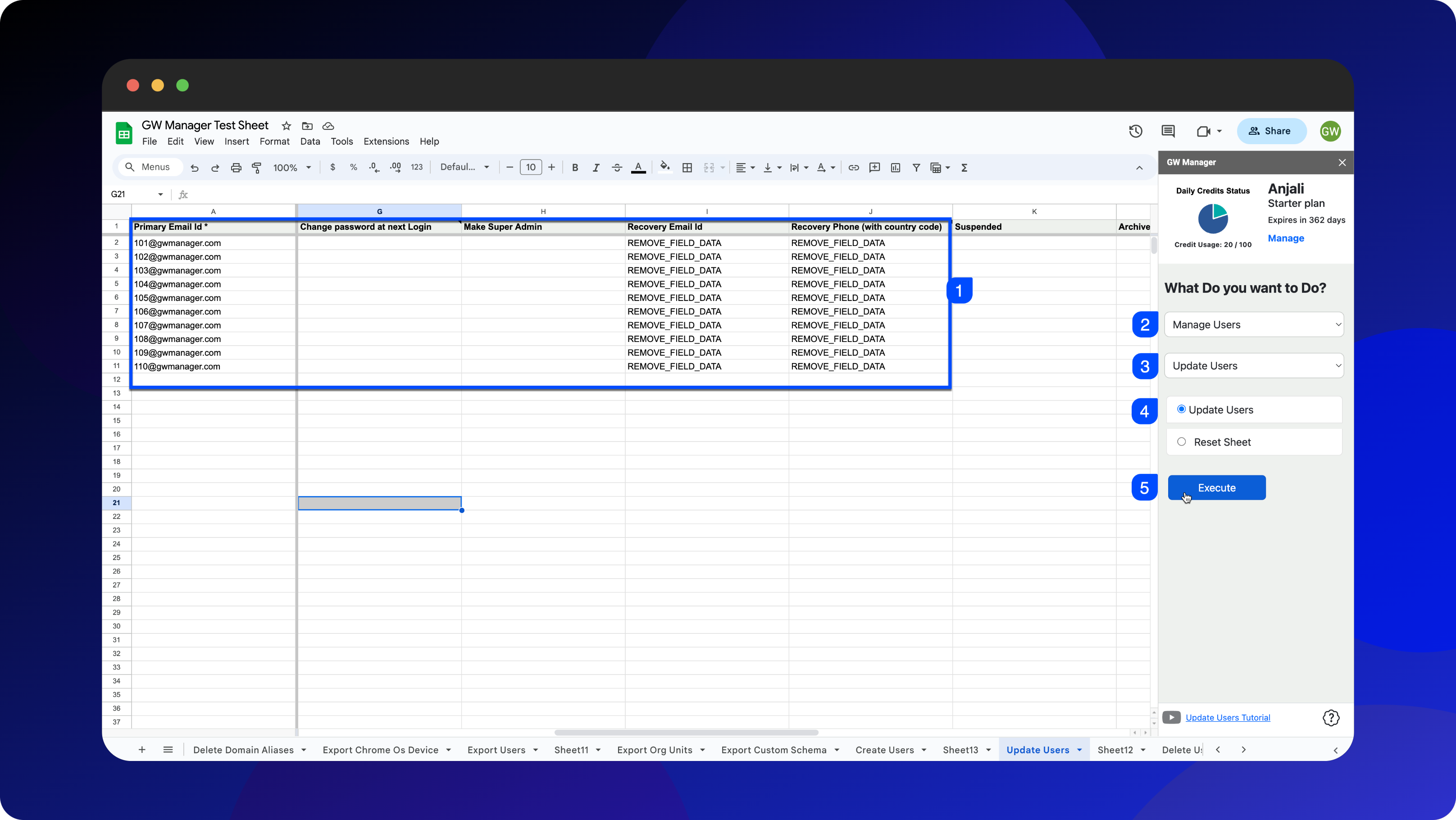 Clicking "Execute" in GW Manager to start the bulk delete process for users' recovery information.