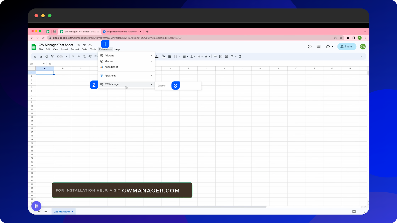 Install and Launch GW Manager - google sheets add-on for google workspace admins