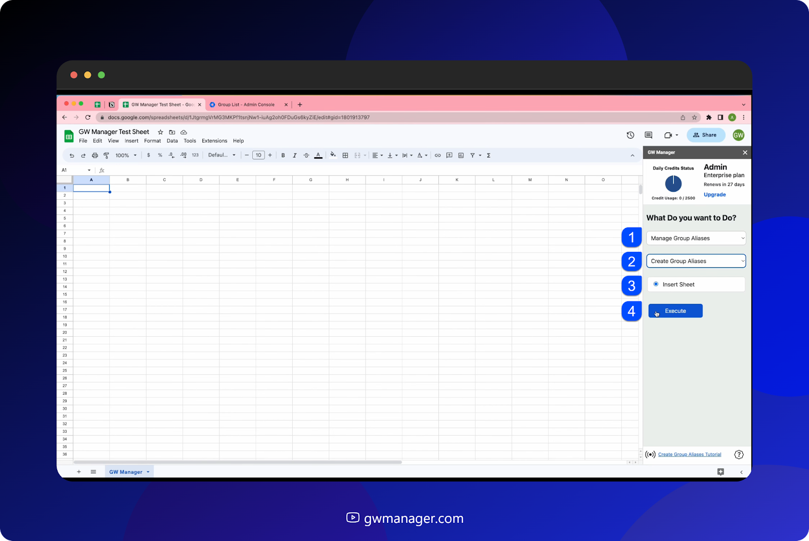 Insert Create Group Aliases sheet in GW Manager