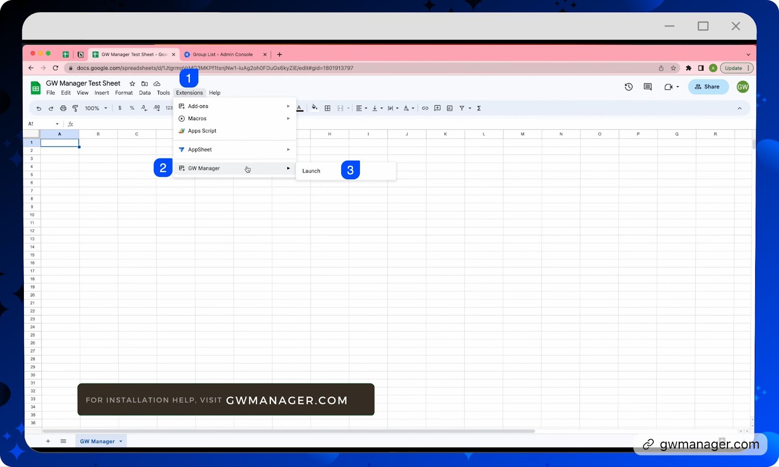 Install and Launch GW Manager - google sheets addon for google workspace admins.