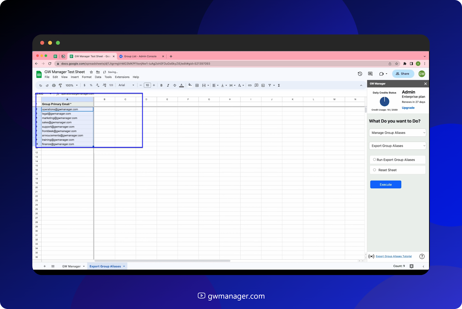 Enter details of groups whose aliases you want to export