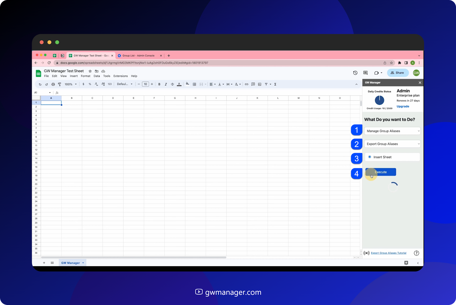 Insert Export Group Aliases sheet in GW Manager