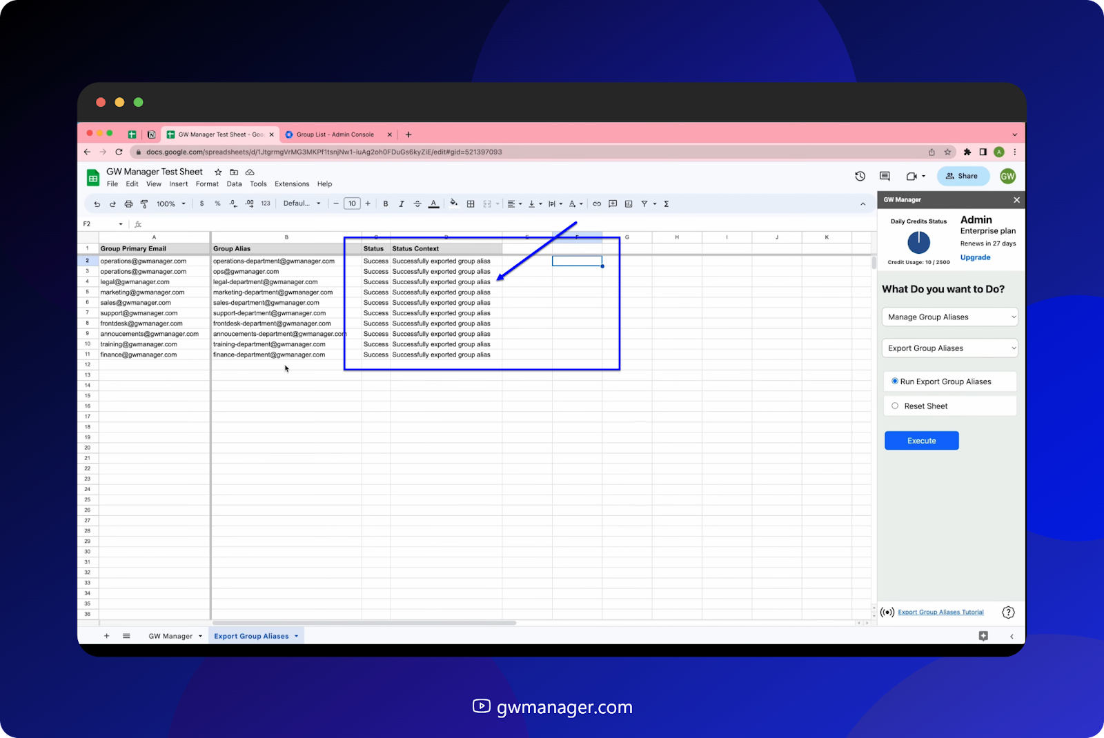 GW Manager confirms successful export of Group Aliases