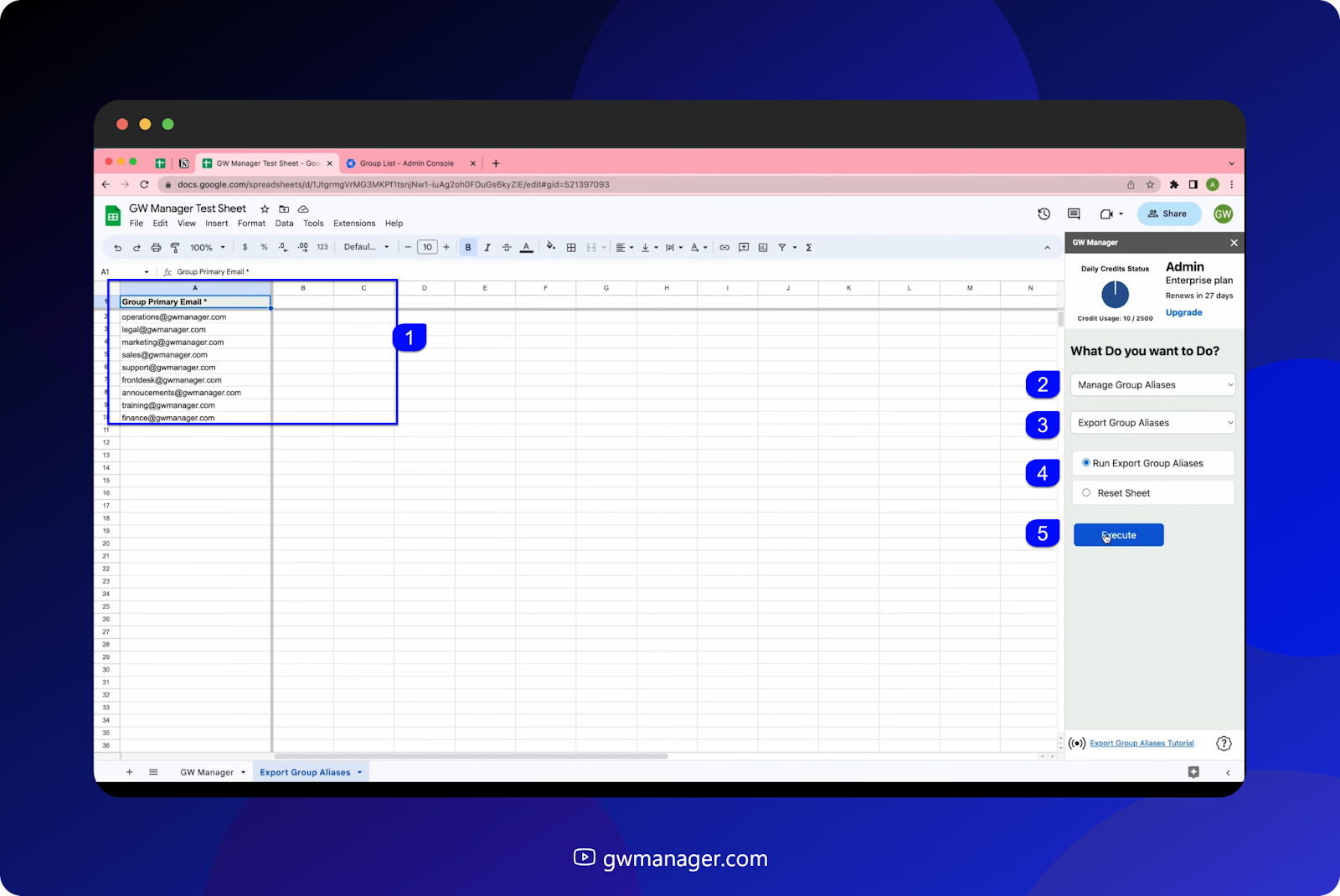 Click "Execute" in GW Manager to initiate Group Aliases export