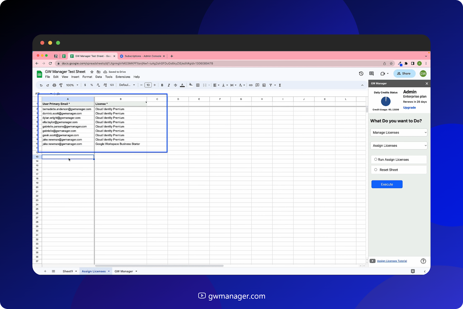 Enter details of users and licenses to be assigned in "GW Manager"