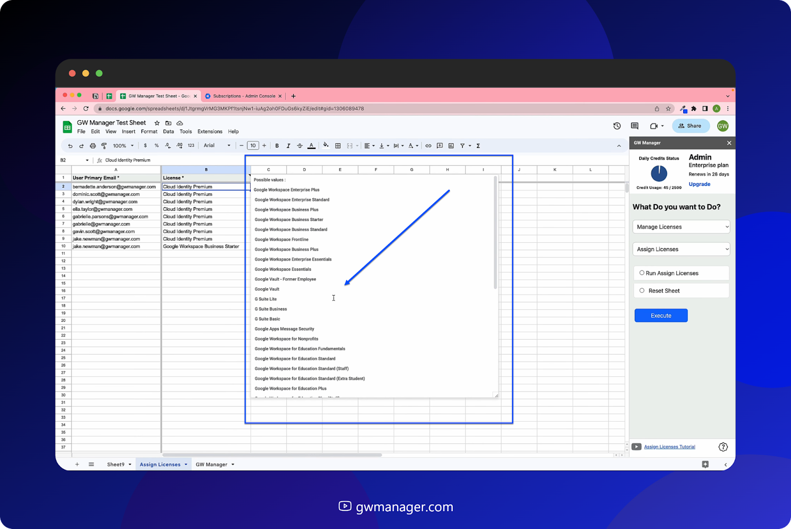 Hover on licenses column header to see license names