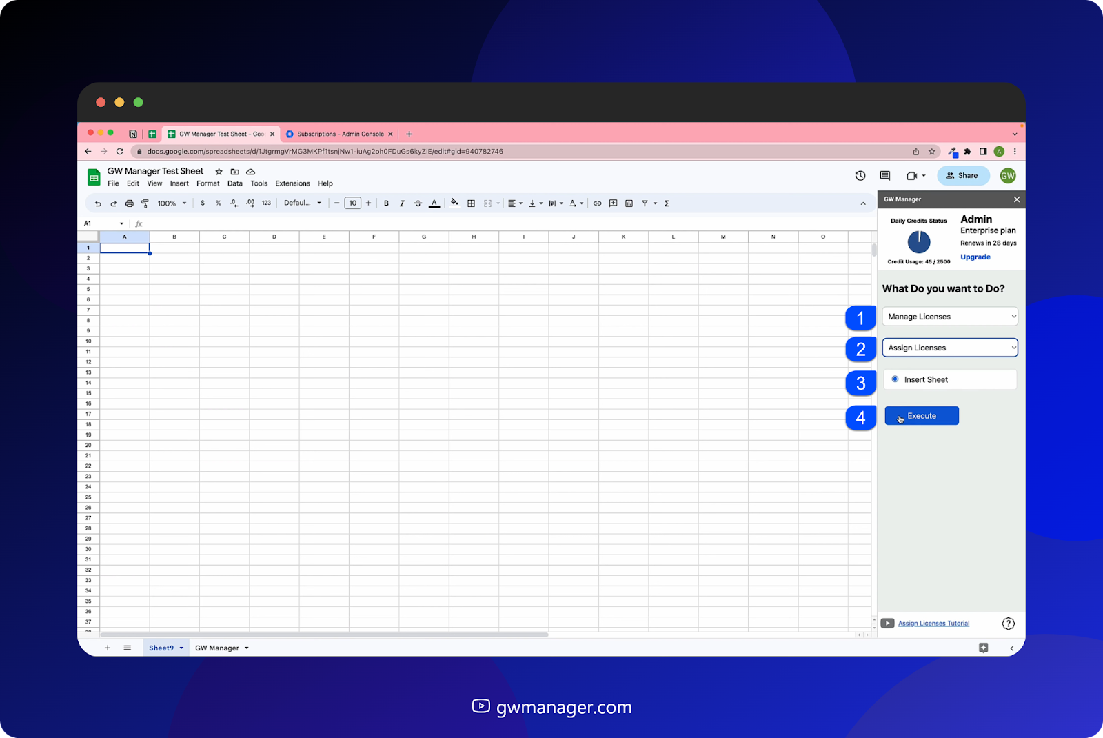 Insert Assign Licenses  sheet in GW Manager