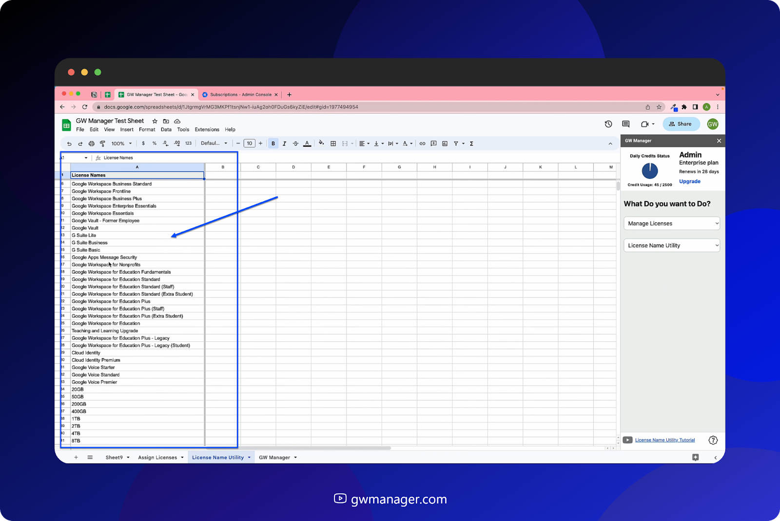 "GW Manager" inserted a license name utility sheet 