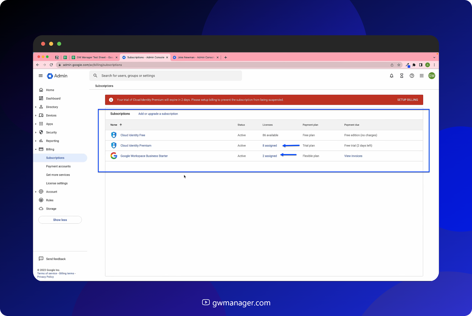 GW Manager has assigned the licenses, and now they are shown in Google Workspace admin console too