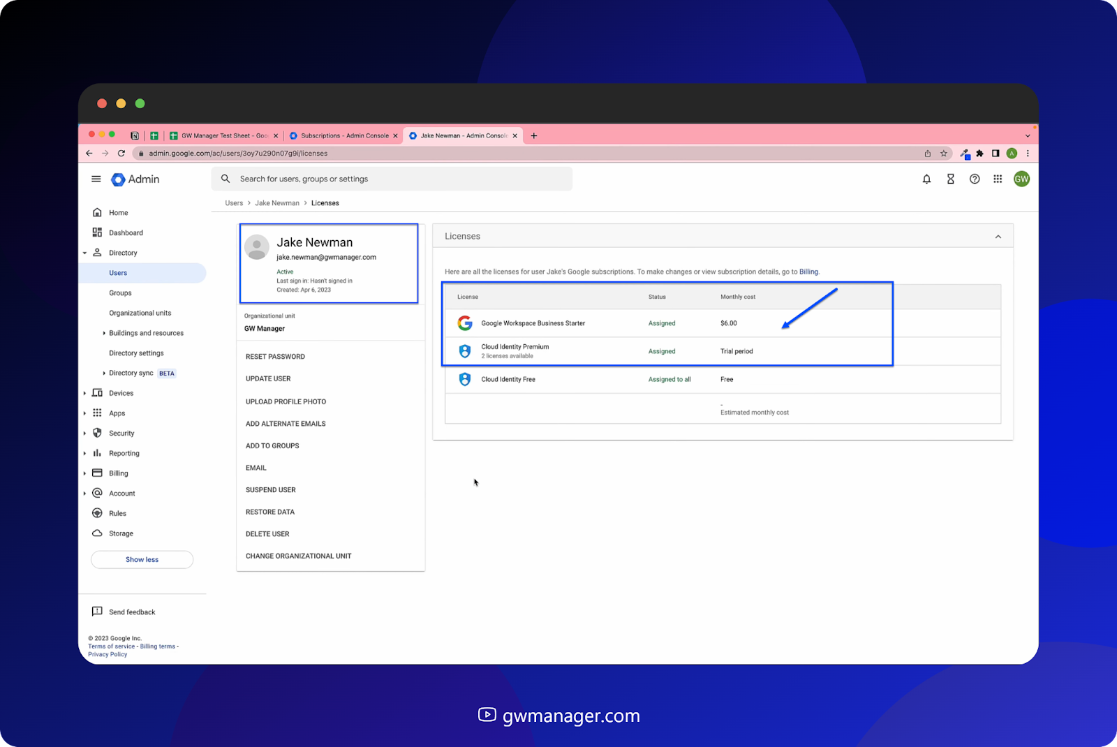 Newly assigned licenses for given users are visible in Google Workspace Admin Console