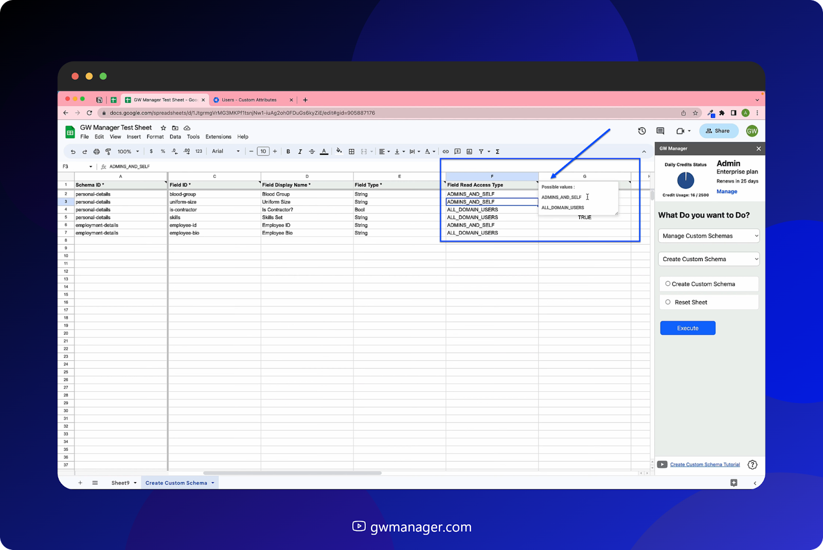 next column is field access type. If I hover on the column header, it says Admins and self which means only the admin and the user himself or herself can see the value. 