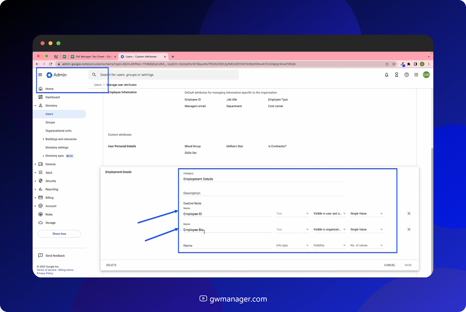 GW Manager created two fields here, employee ID and Employee Bio. 