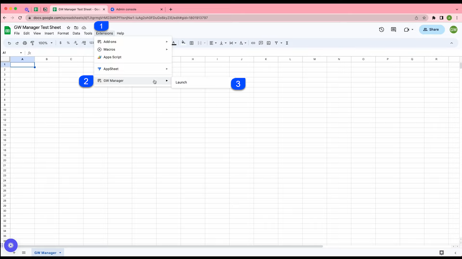 From Google Sheet extension menu, launch GW Manager