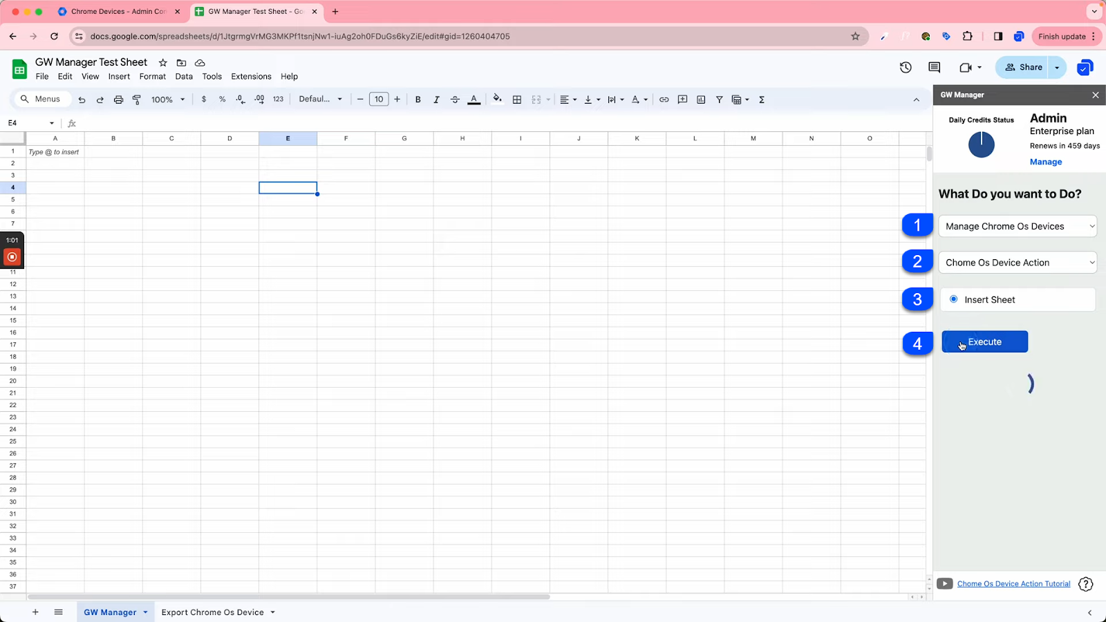 Insert Chrome OS Device Action sheet by clicking on Execute