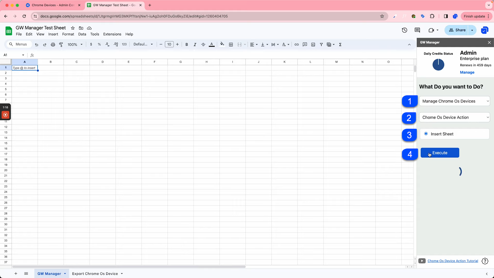 Insert Google Chrome Device Actions Sheet via GW Manager