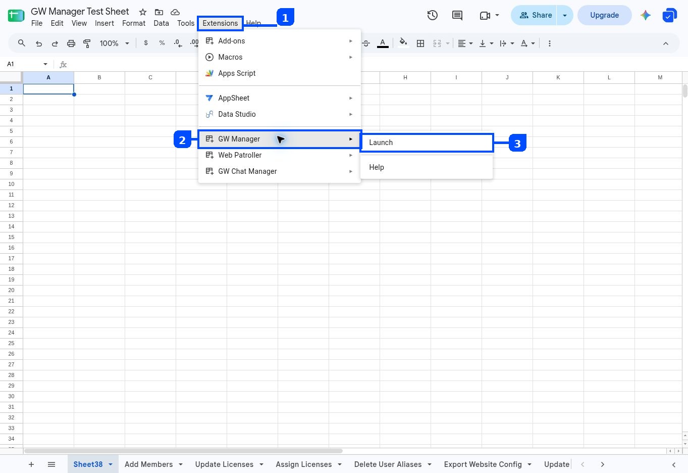 Open Extensions, choose GW Manager, and click Launch