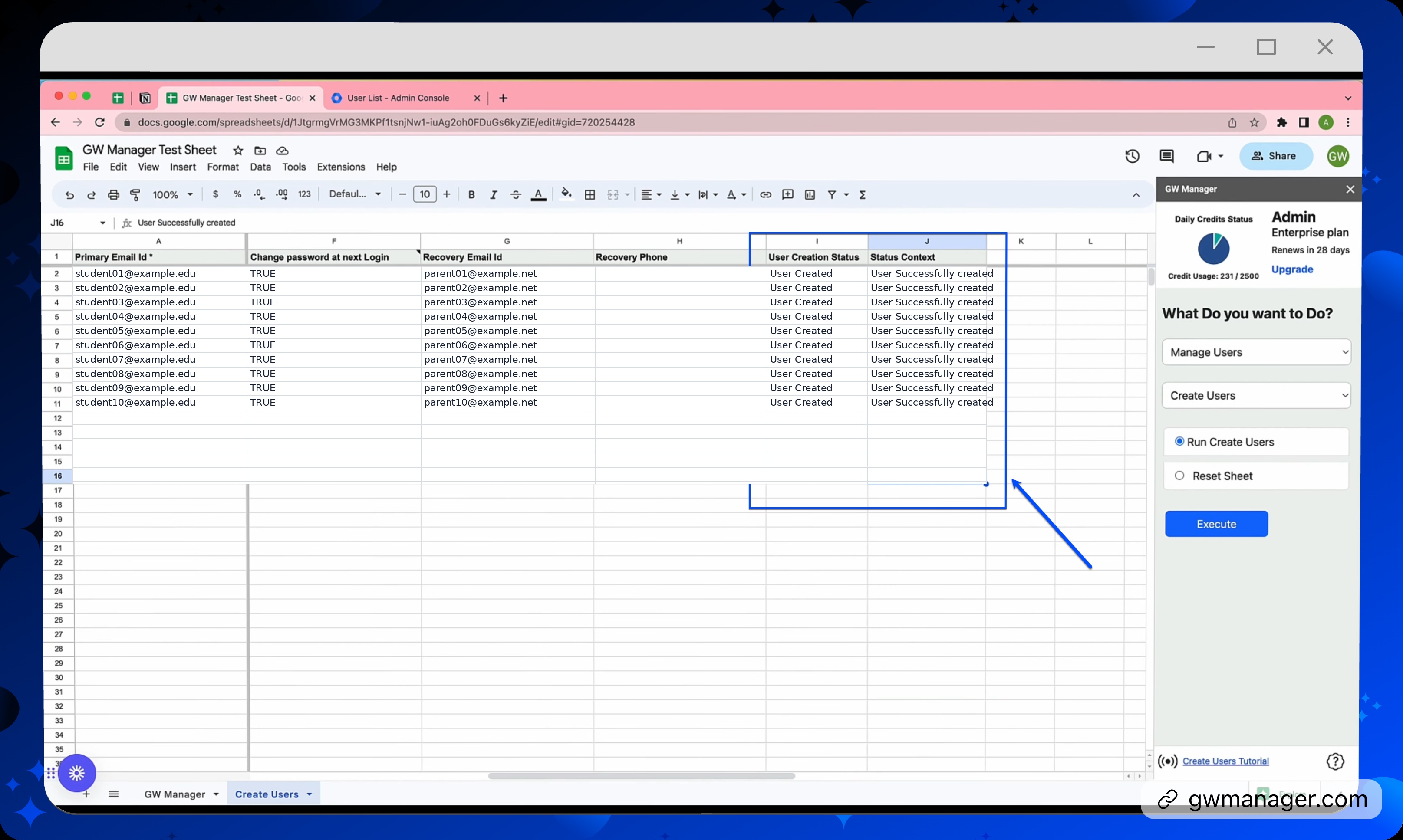Check the ten user-creation results written back to the sheet