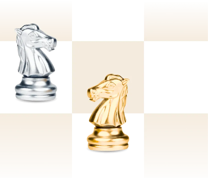Two isolated chess pieces in front of a graphic, partly transparent chess pattern