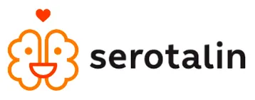 Logo einer stilisierten orangen Gehirnhälfte mit einem lächelnden Gesicht und einem roten Herz darüber, daneben steht der Text 'serotalin'.