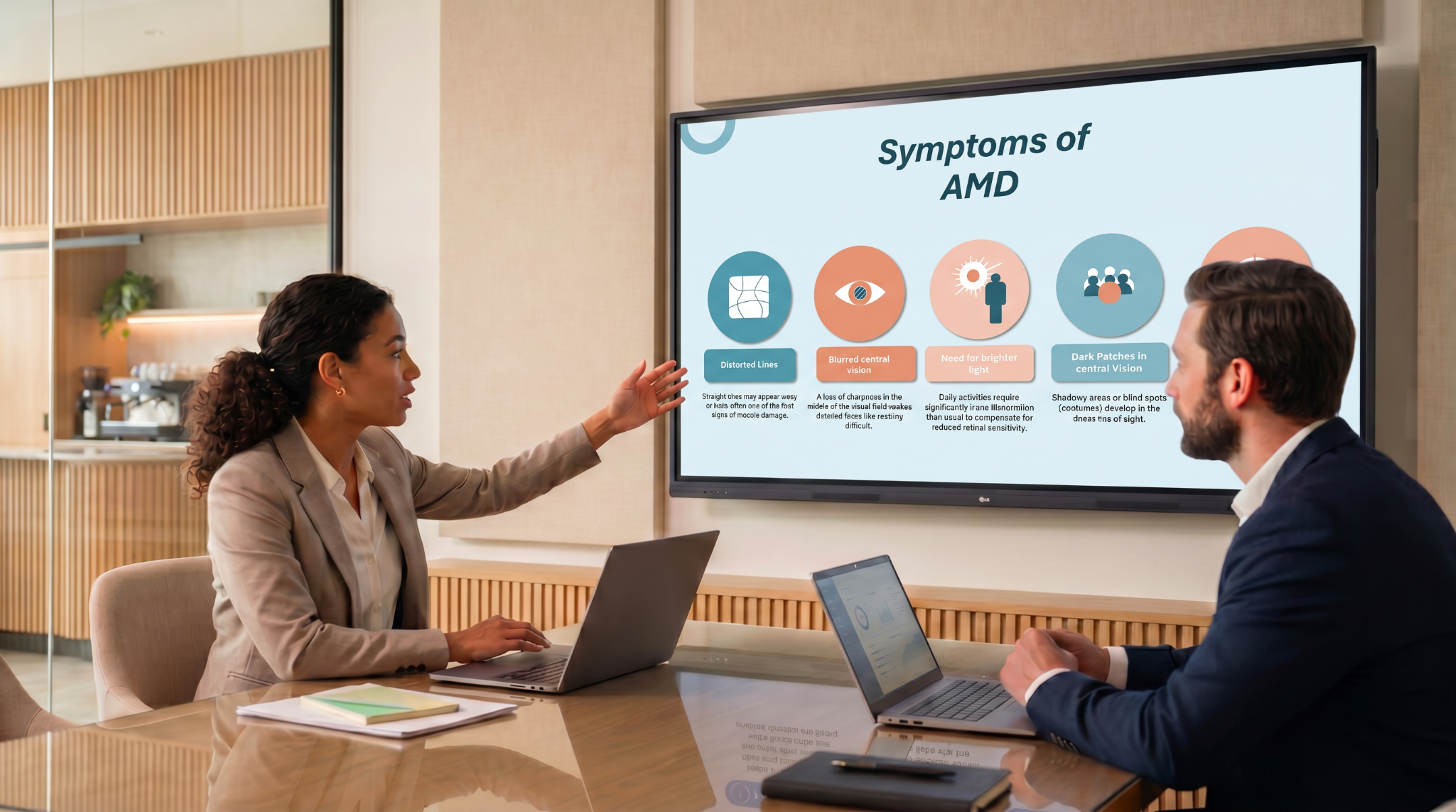 Age-related macular degeneration symptoms medical presentation slide displayed during a clinical meeting.