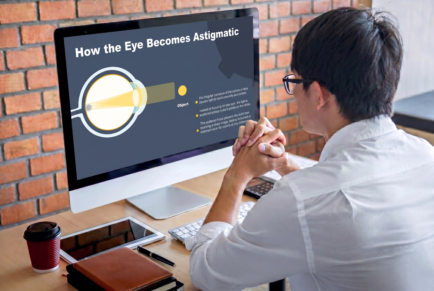 How the eye becomes astigmatic medical presentation slide displayed on a desktop monitor.