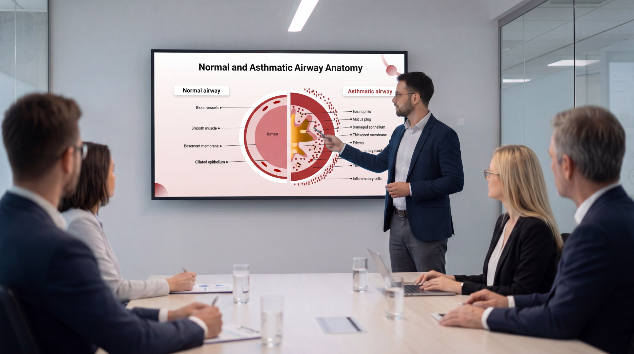 Normal and asthmatic airway anatomy medical presentation slide displayed during a clinical meeting.