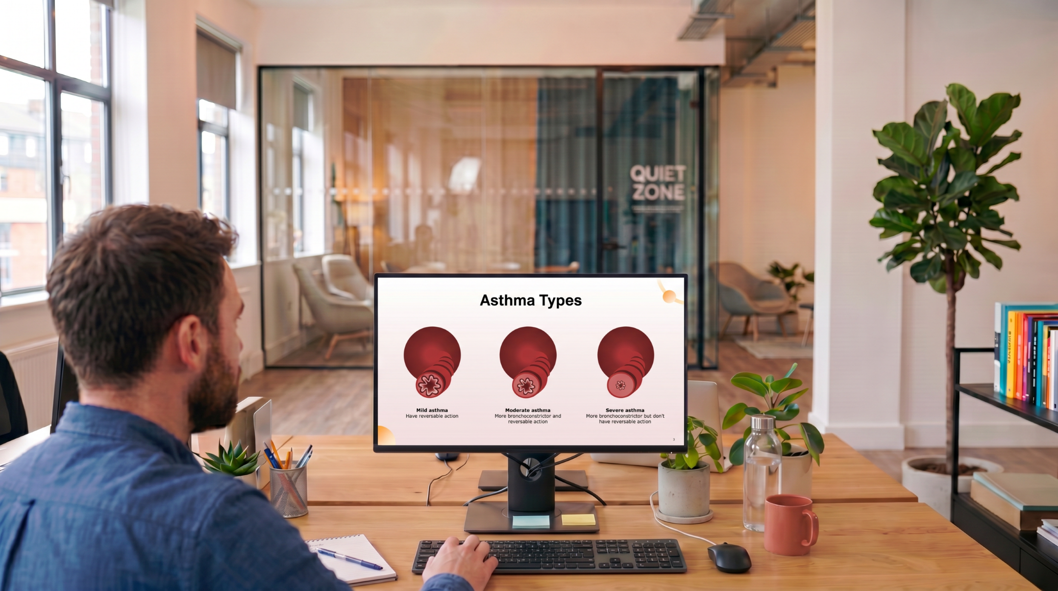 Asthma types medical presentation slide displayed on a desktop monitor.