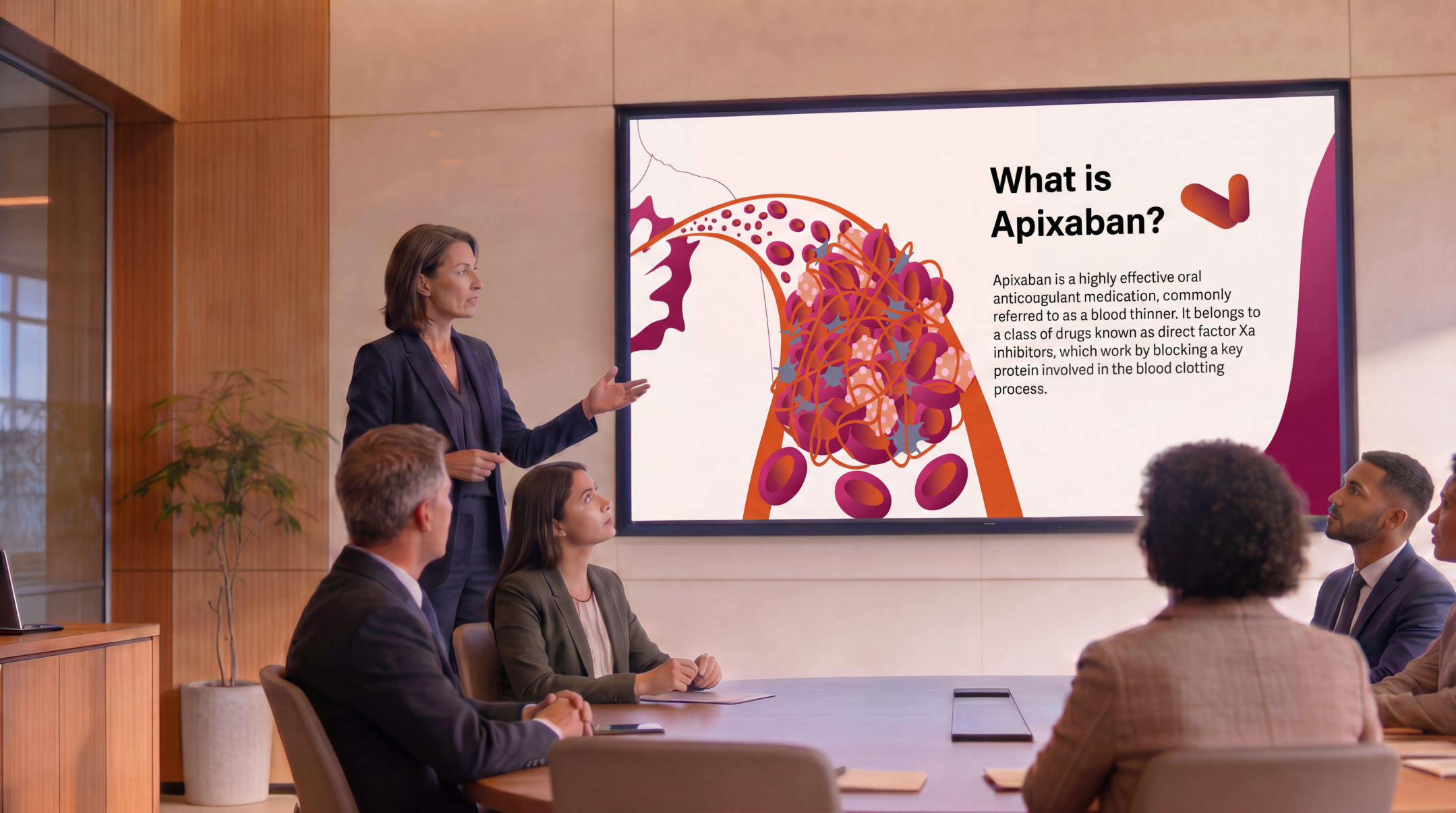 Apixaban overview medical presentation slide displayed during a clinical meeting.
