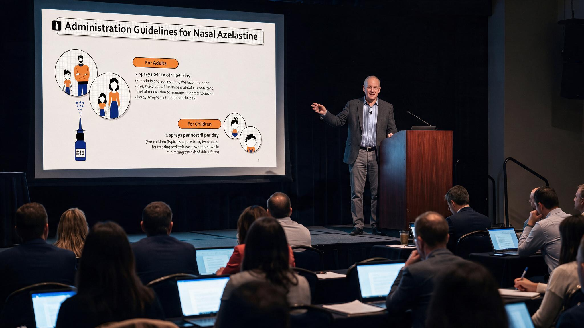 Healthcare professional presenting ophthalmic azelastine eye drop administration guidelines using a medical PowerPoint template.