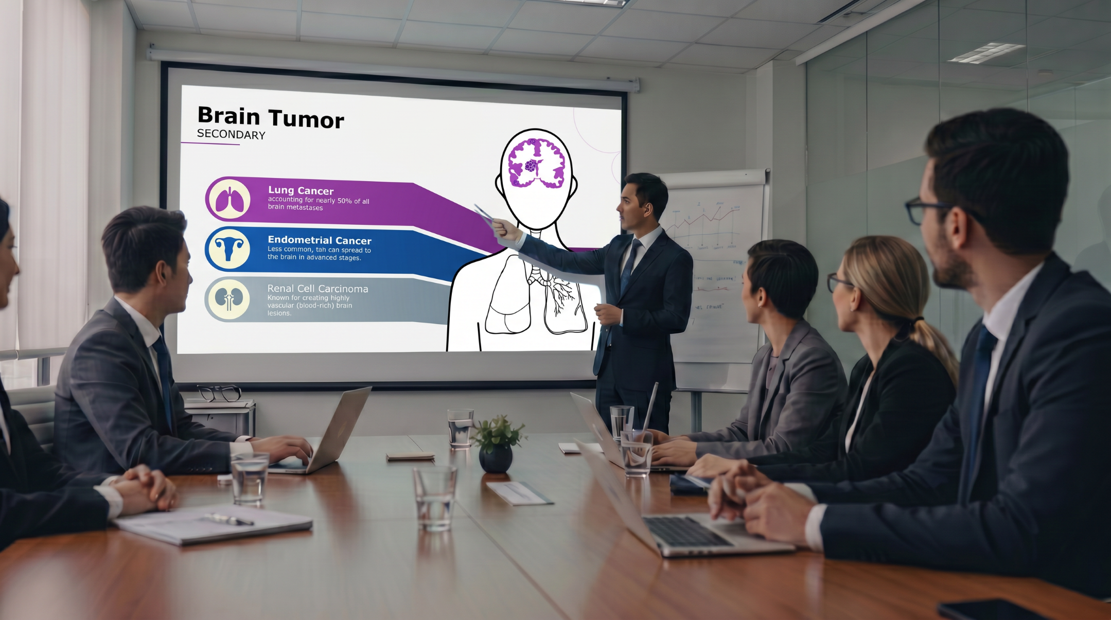 Healthcare presenter explaining secondary brain tumors and common primary cancer sources using a medical PowerPoint template.