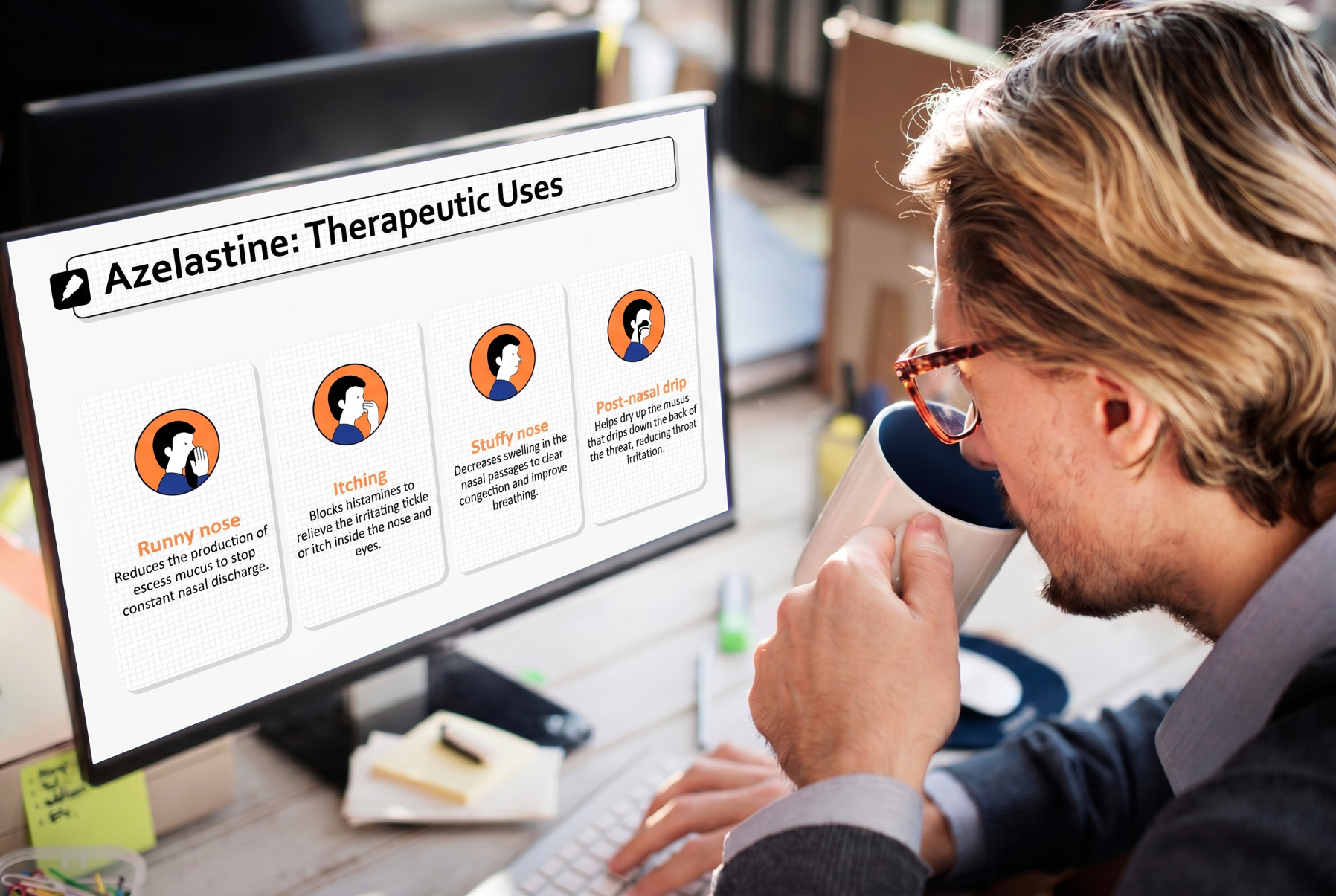 Medical presenter explaining the therapeutic uses of azelastine during a healthcare presentation using a PowerPoint template.