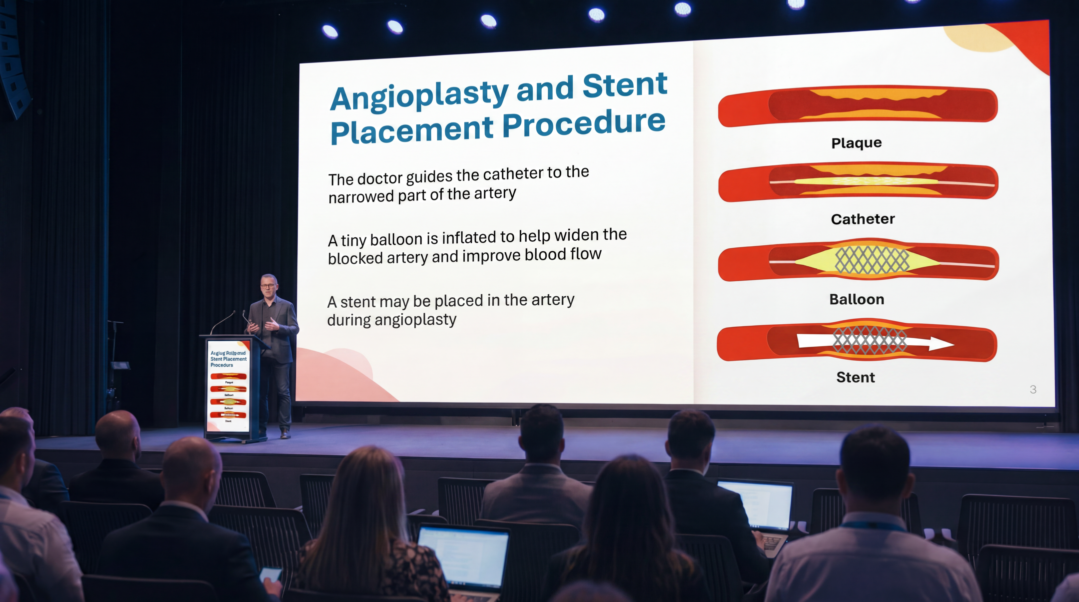 Medical presenter explaining an angioplasty and stent placement procedure using a PowerPoint presentation at a healthcare conference.