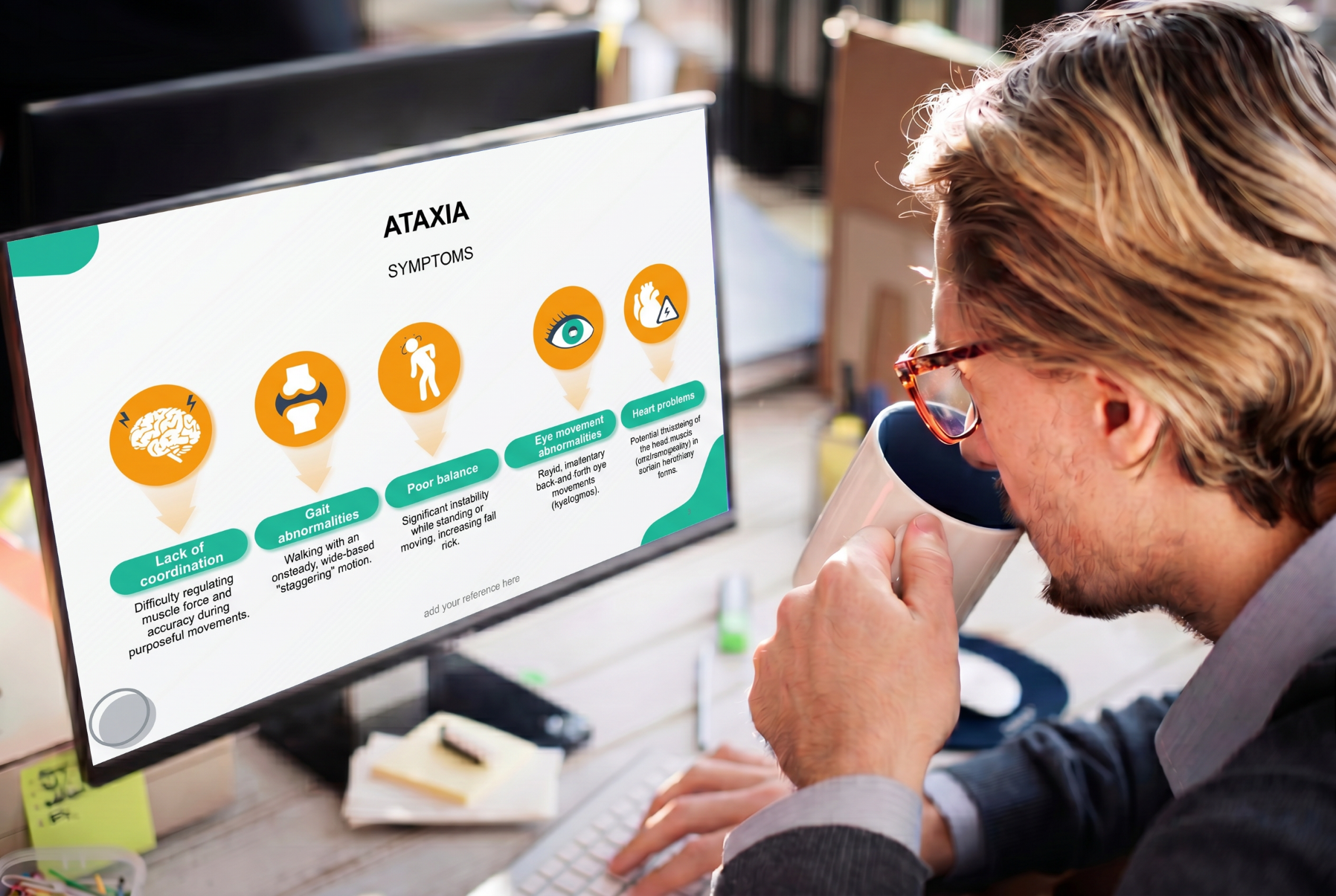 Ataxia symptoms medical presentation slide displayed on a desktop monitor.