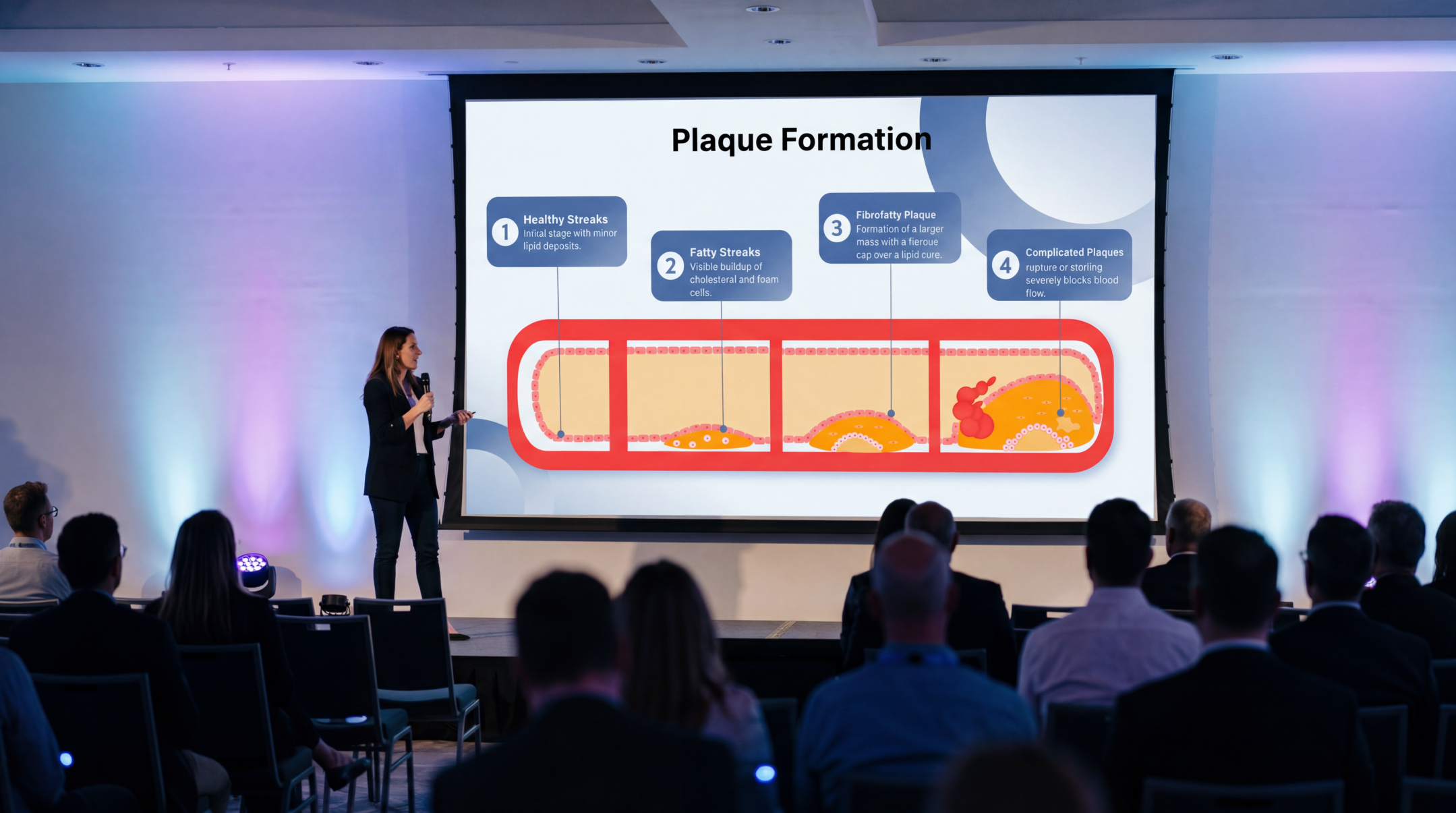 Medical presenter explaining plaque formation stages in an atherosclerosis PowerPoint presentation during a healthcare conference.