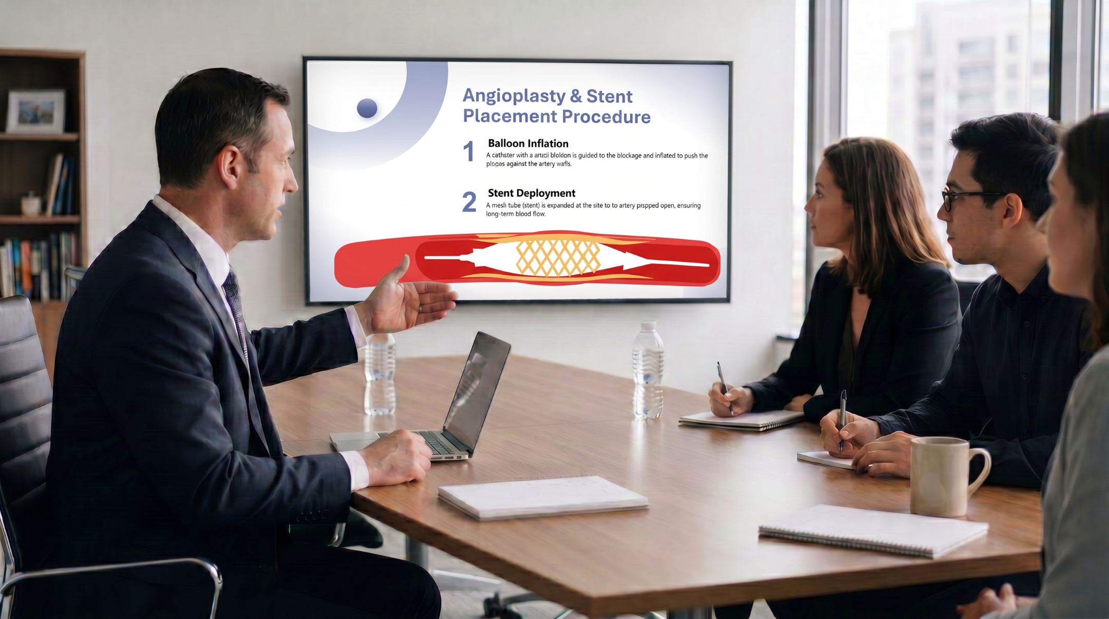 Medical team reviewing an angioplasty and stent placement PowerPoint presentation during a clinical discussion.