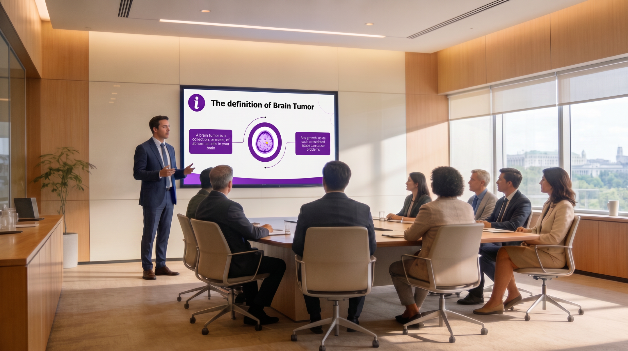 Presenter explaining the definition of a brain tumor using a medical PowerPoint presentation during a professional meeting.