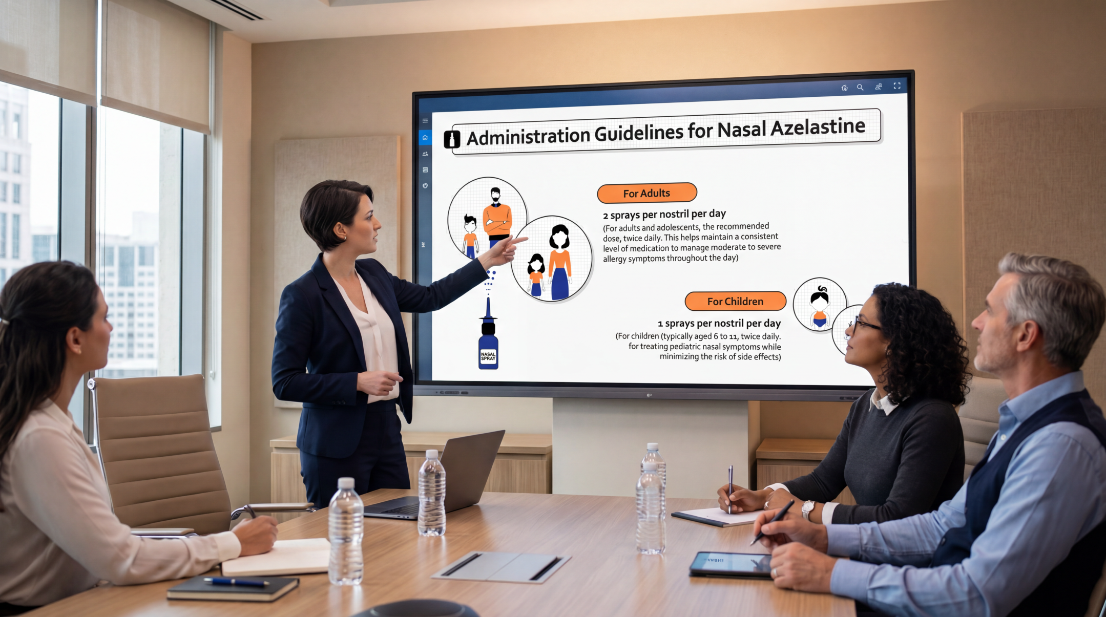 Administration guidelines for nasal azelastine medical presentation slide displayed during a healthcare meeting.