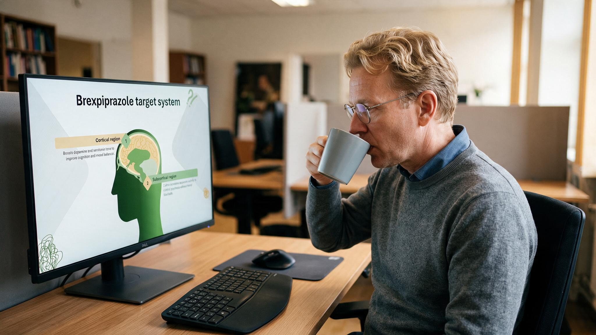 Brexpiprazole target system presentation displayed on a desktop monitor in a modern office workspace for independent medical learning.
