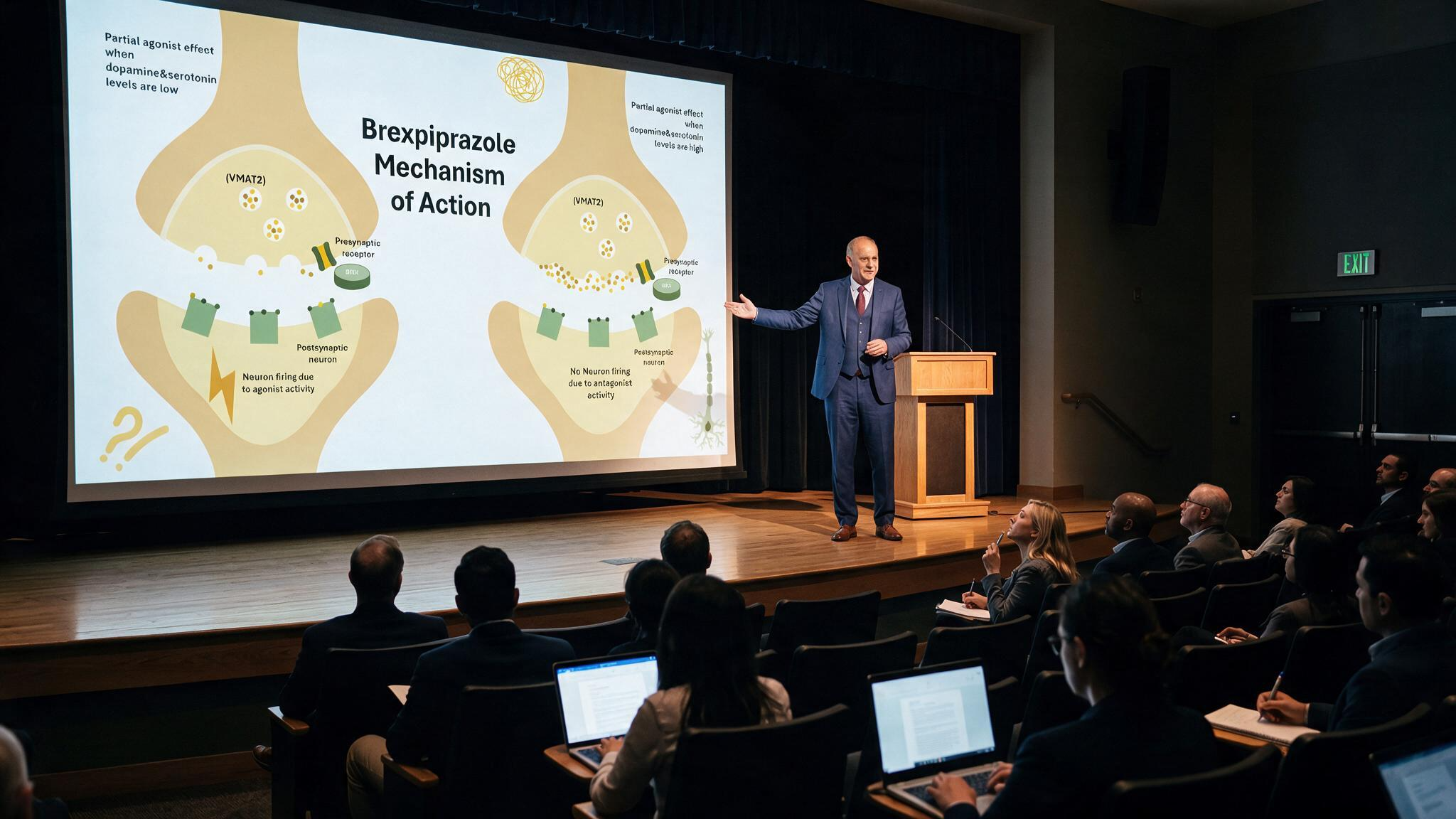 Brexpiprazole mechanism of action presentation displayed on a large conference screen during a psychopharmacology educational lecture.