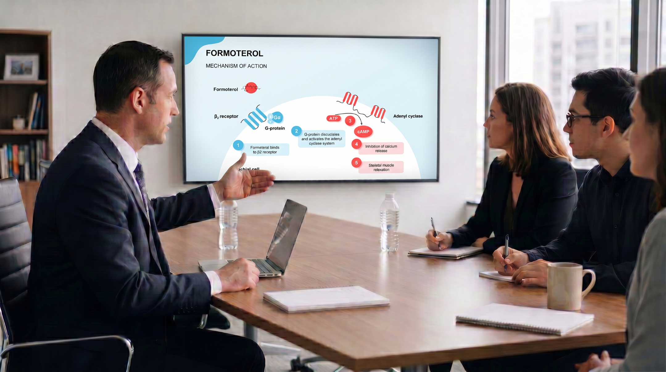Healthcare professional presenting the mechanism of action of formoterol using an editable medical PowerPoint template.