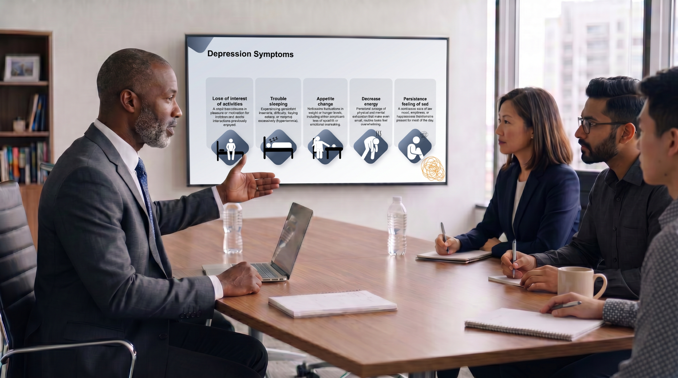 Medical presenter explaining depression symptoms with a bupropion PowerPoint presentation in a healthcare meeting.