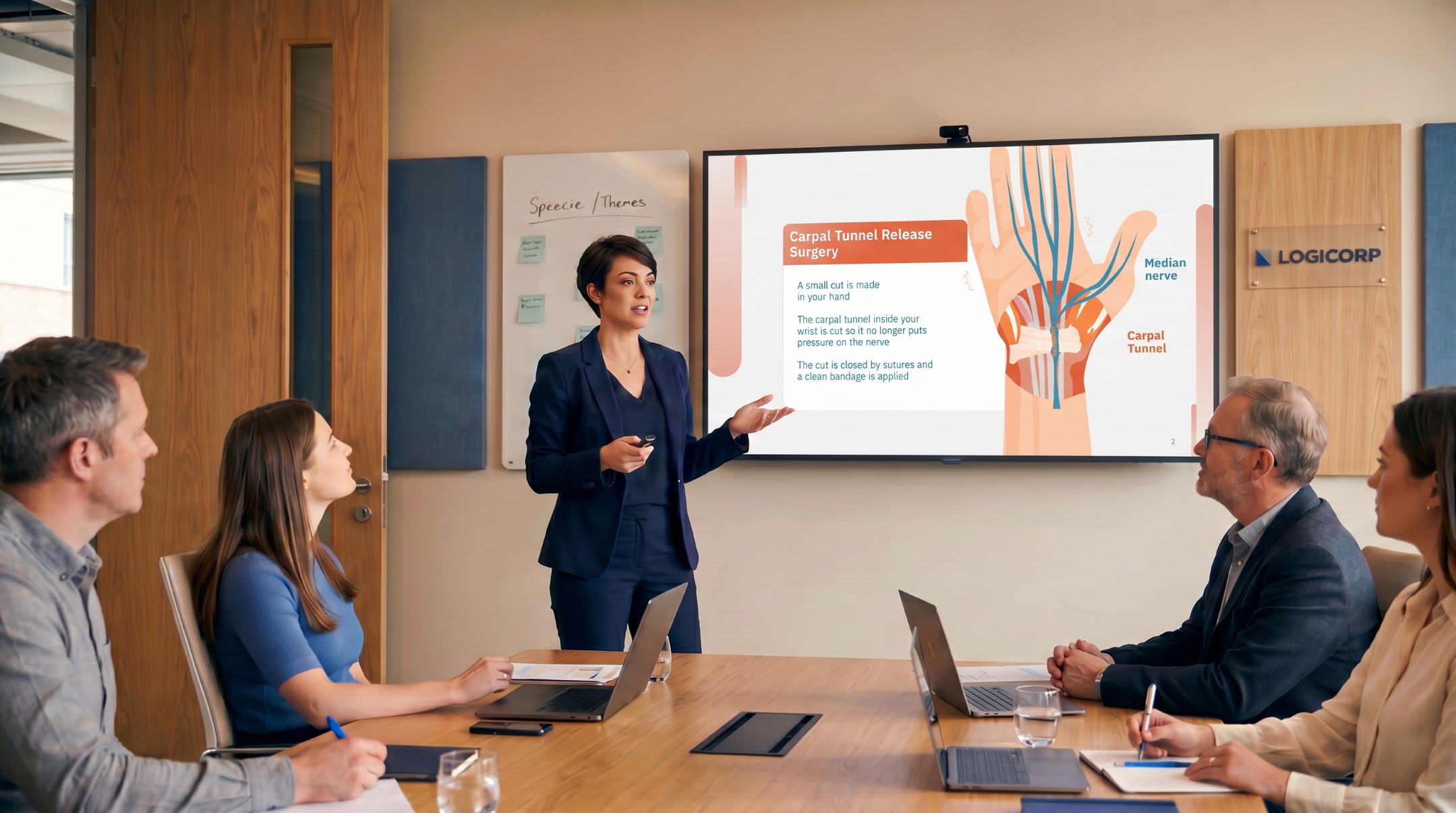 Healthcare professional presenting carpal tunnel release surgery using an editable medical PowerPoint template in a clinical meeting.