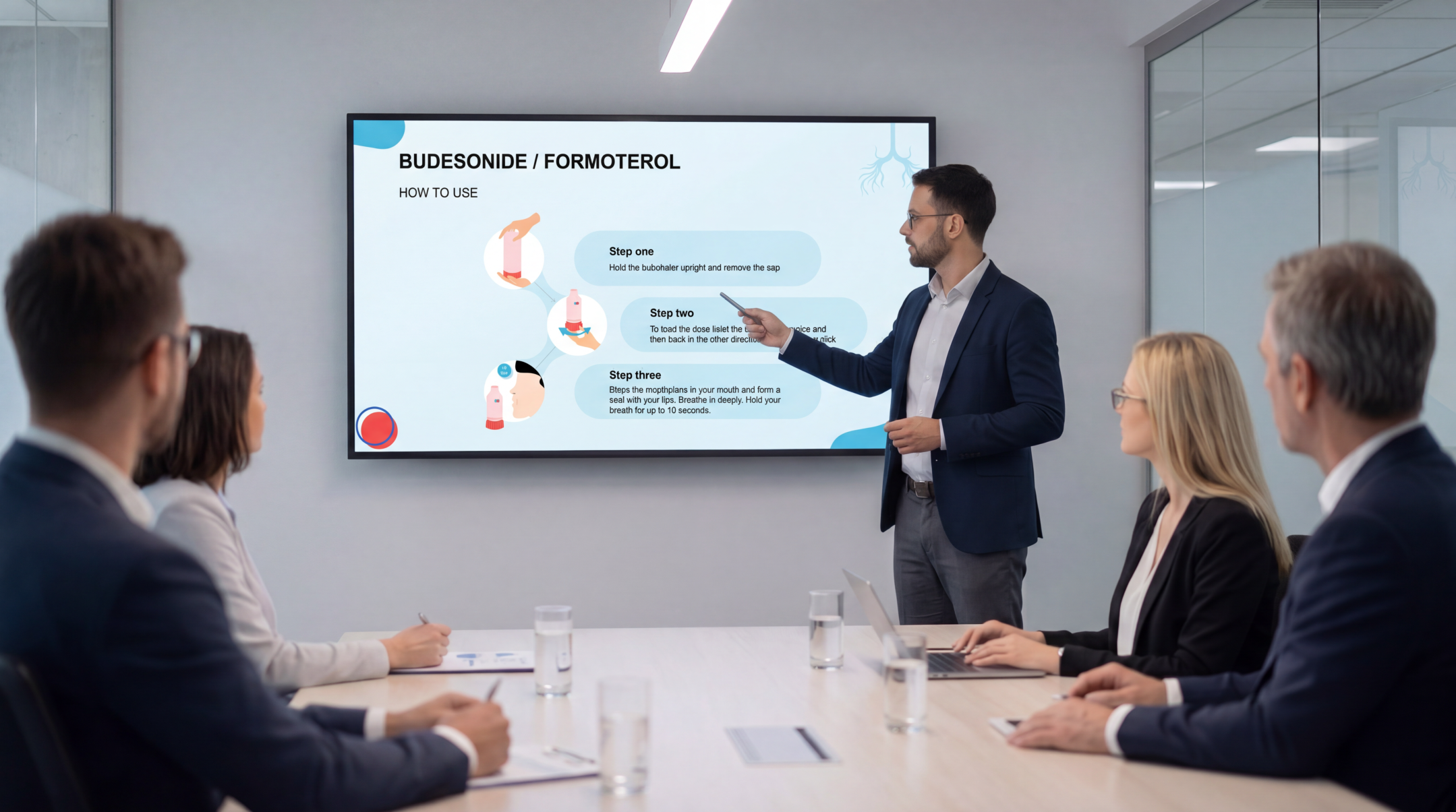 Presenter demonstrating how to use a budesonide and formoterol inhaler with a medical PowerPoint presentation during a clinical meeting.