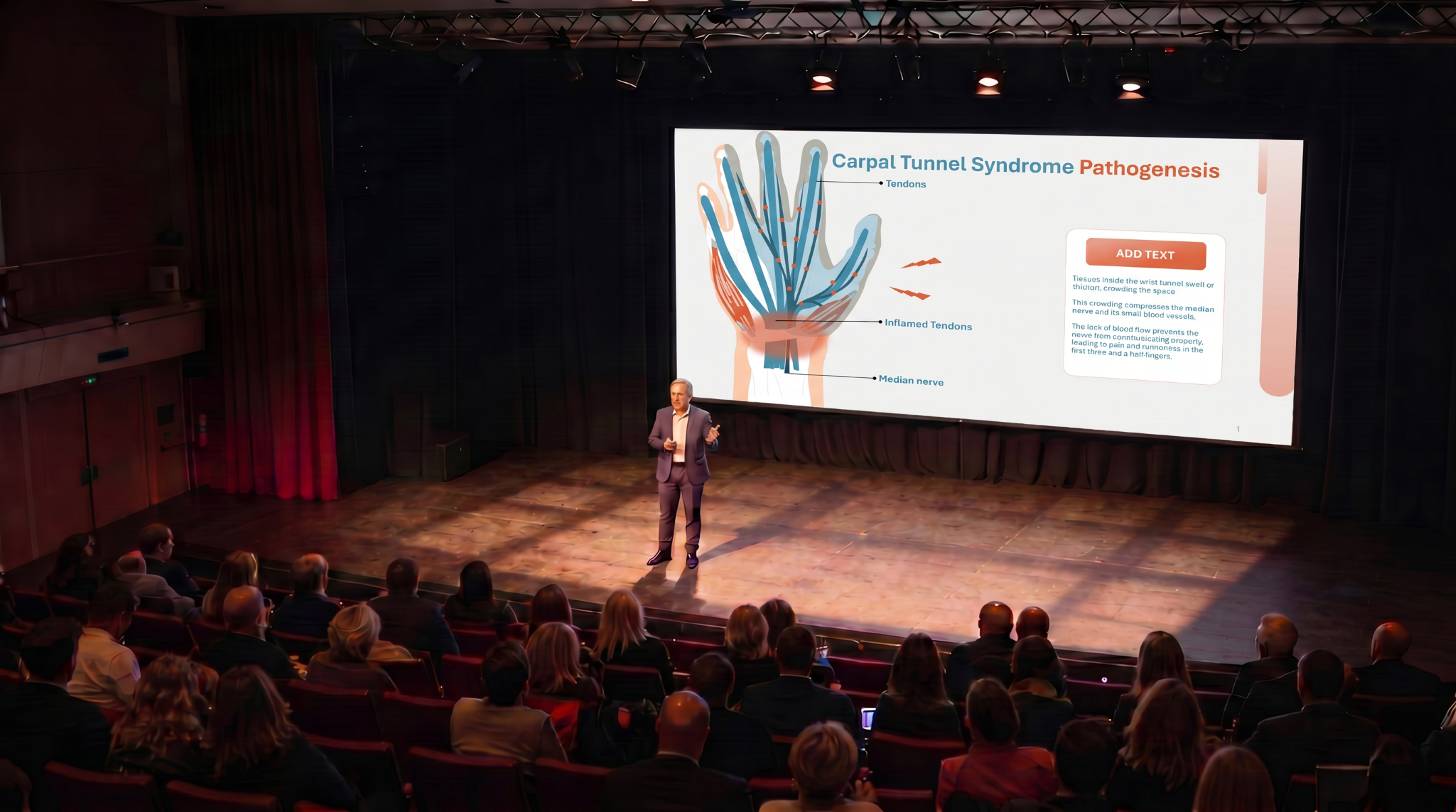 Medical presenter explaining the pathogenesis of carpal tunnel syndrome with an editable PowerPoint presentation during a healthcare conference.