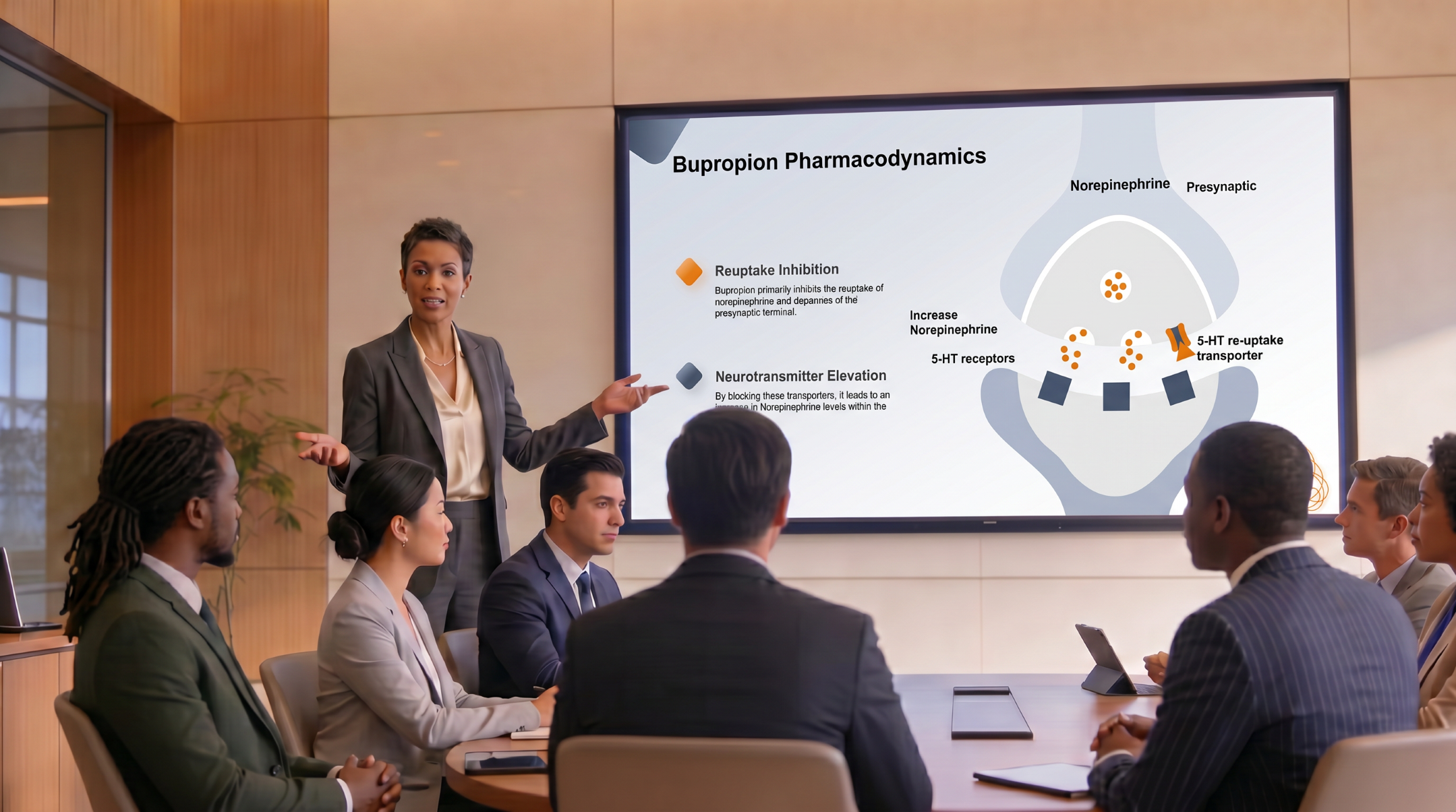 Healthcare professional presenting the pharmacodynamics of bupropion using an editable medical PowerPoint template during a clinical meeting.