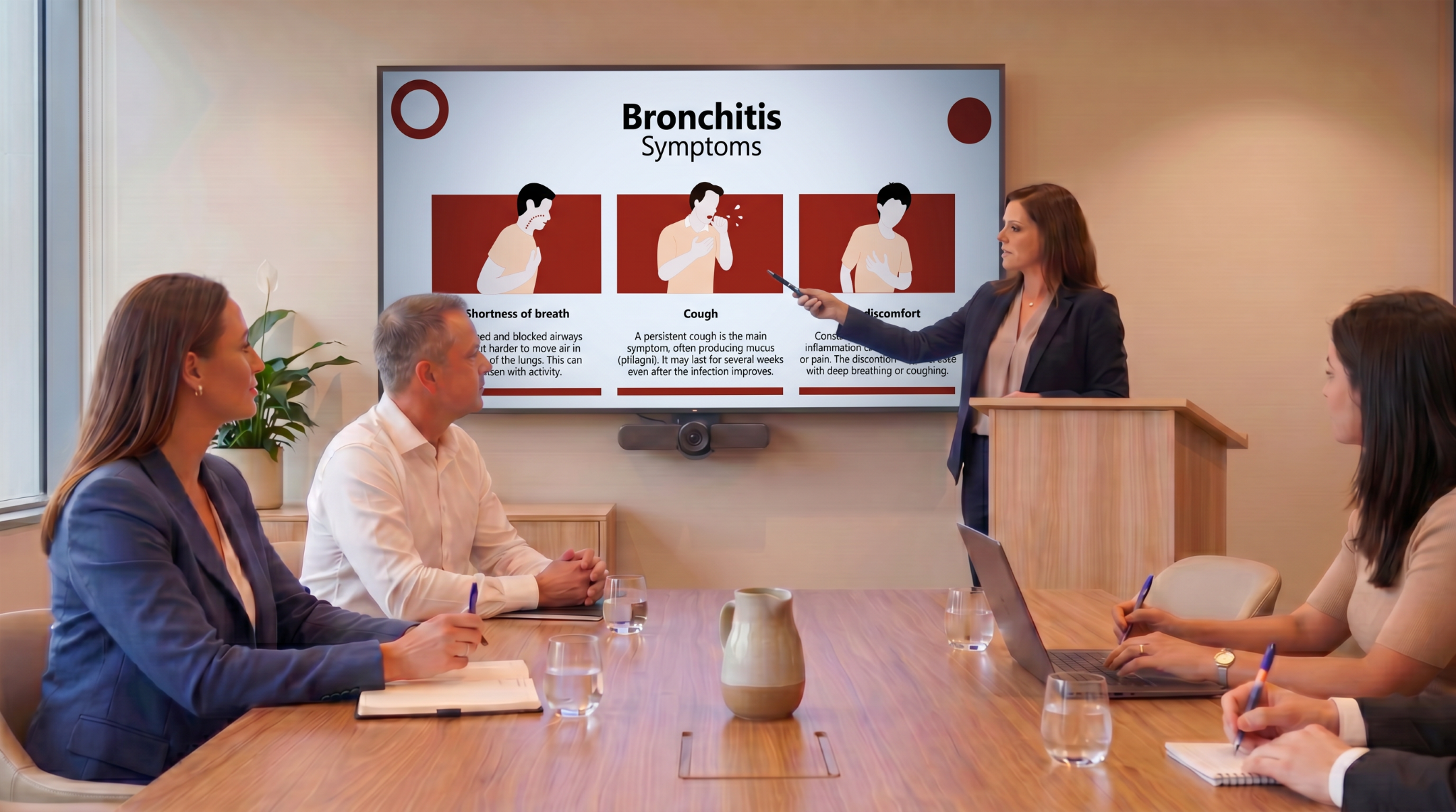 Healthcare presenter discussing bronchitis symptoms with an illustrated medical PowerPoint template in a conference room.